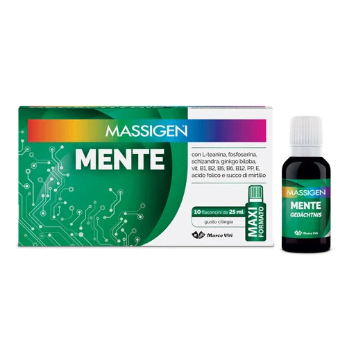 Massigen Mente 10 flaconcini da 25 ml, integratore per memoria e concentrazione